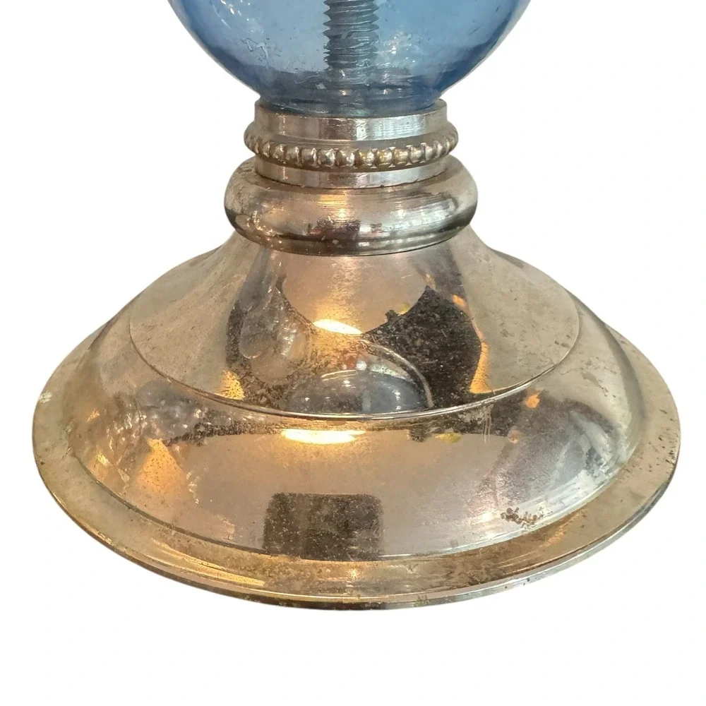 Silver Tone Blue Glass Orb Candlestick Holders Set of 3 Taper Pillar Pedestal